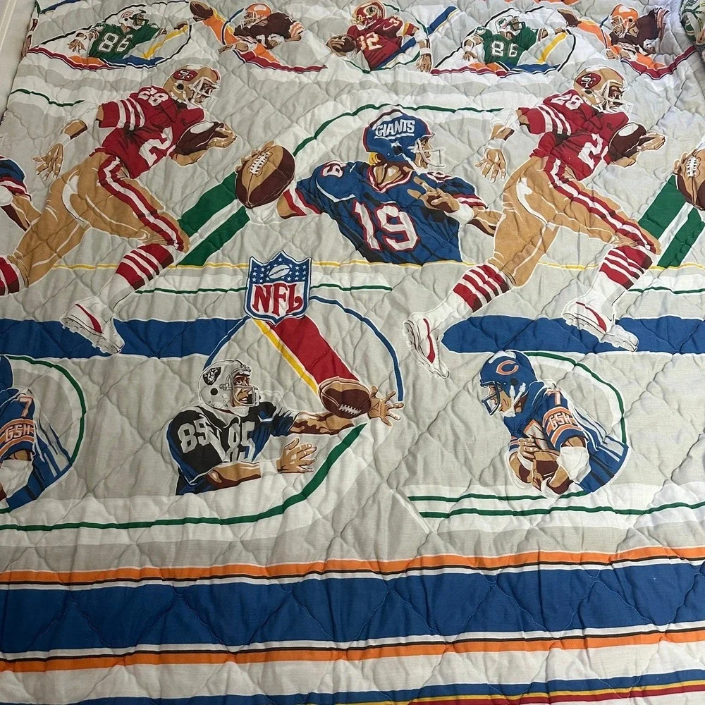Vtg 90s NFL Football Quilted Bedding Set Kids Twin Bedspread Window Sheet